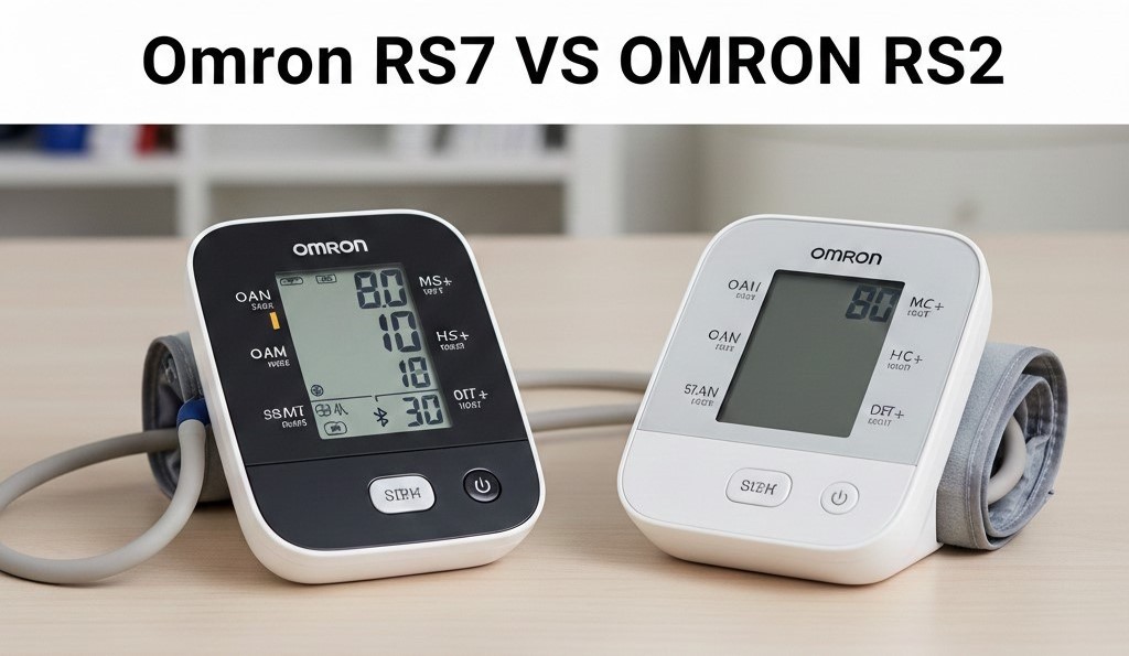 השוואה בין שני מדי לחץ דם דיגיטליים לפרק כף היד של חברת Omron, דגמי RS7 ו-RS2, מונחים על שולחן על רקע משרד ביתי.
