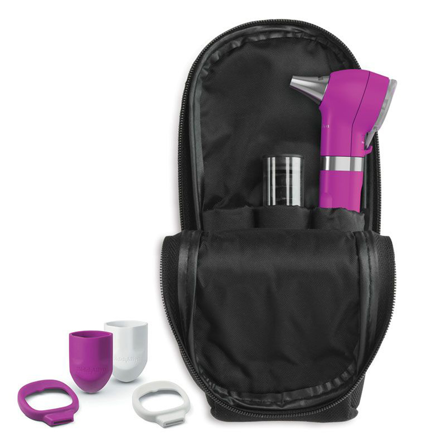 תכולת האריזה של אוטוסקופ Welch Allyn Pocket Plus LED בצבע מג׳נטה