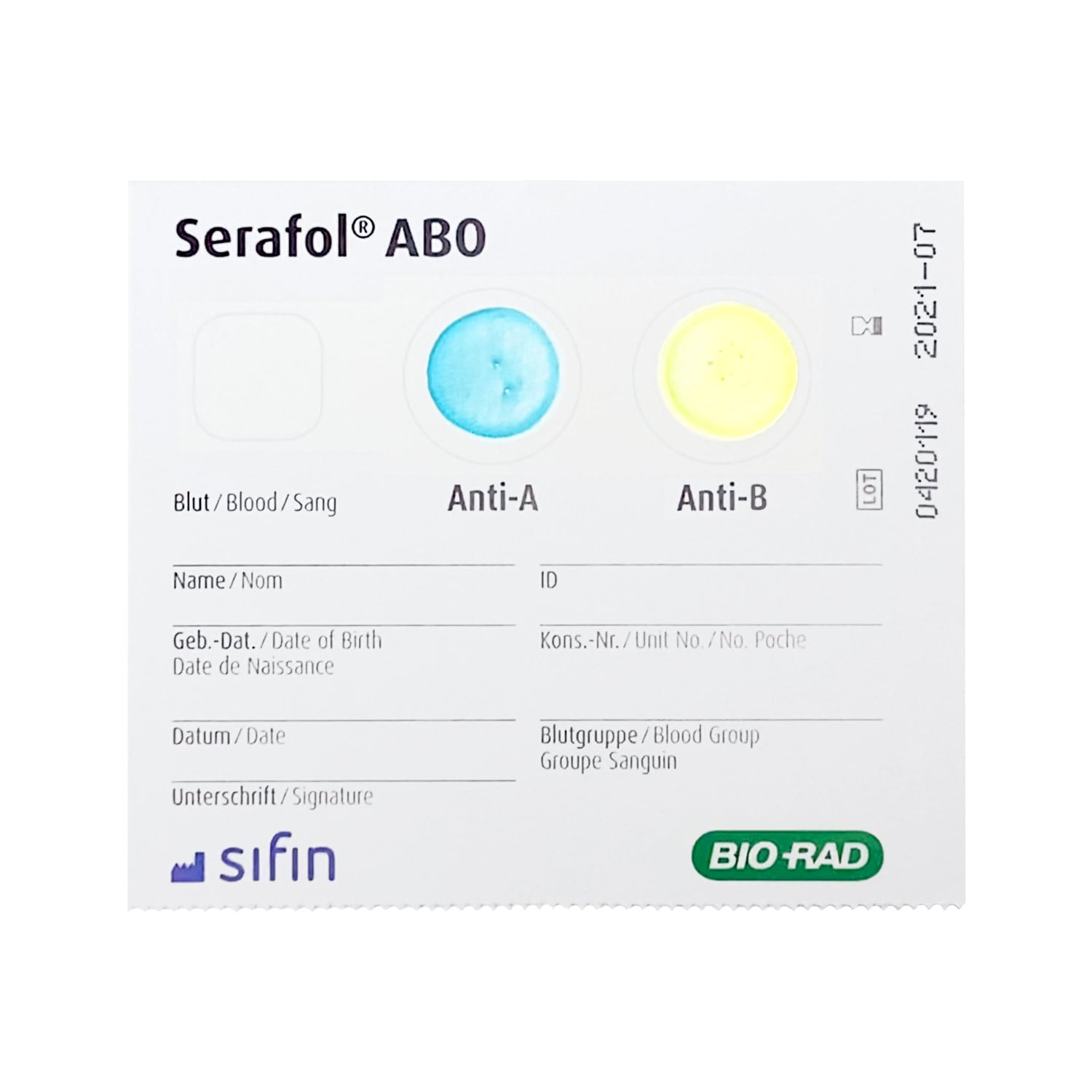 כרטיסי בדיקת סוג דם Serafol AB0
