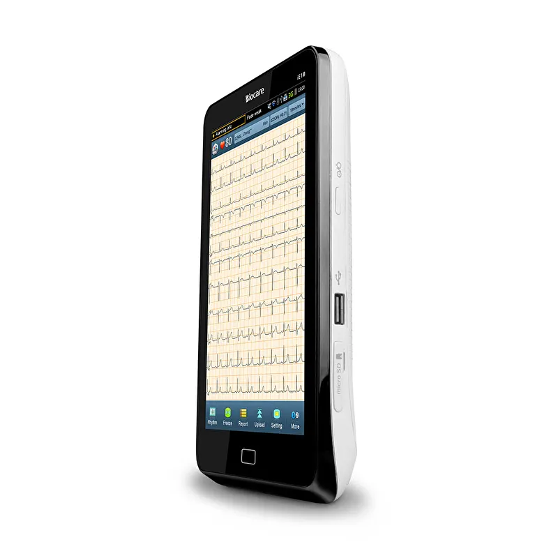 מכשיר אק"ג נייד Biocare iE 10 במבט צד עם חיבורי USB ו-microSD